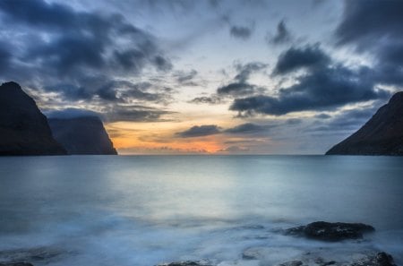 misty sea at the faroe islands - islands, clouds, beach, twilight, mist, sea