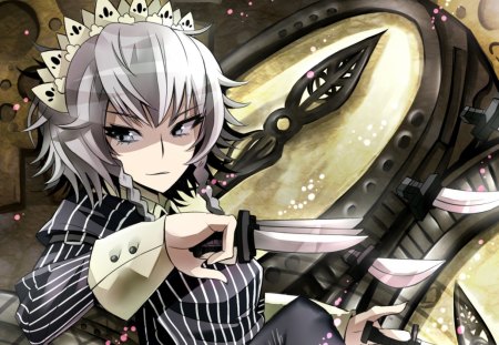 Izayoi Sakuya - cute, hot, anime girl, girl, weapon, knife, izayoi sakuya, touhou, short hair, anime, sinister, hd, dress, maid, sexy, female, rapier