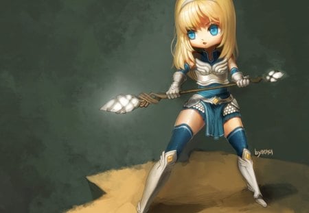 Chibi Warrior - anime, female, blonde, blond hair, long hair, rod, armor, cane, blond, plain, chibi, weapon, blue eyes, anime girl, hot, staff, girl, simple, blonde hair, knight, cute, sexy