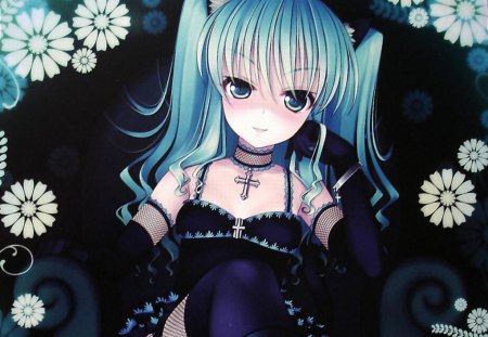 Black Background - flower, cute, black, hot, dark, anime, lying, twintails, anime girl, girl, long hair, sexy, floral, female, green hair