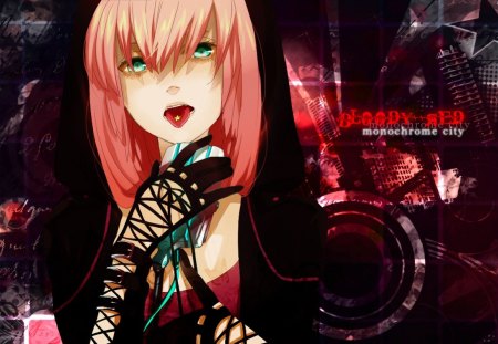 Bloody Red - vocaloid, anime, megurine luka, pink hair, microphone, gloves, blue eyes