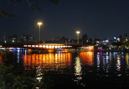 Bridge in the night - river, Bridge, city, light, reflection, in the night