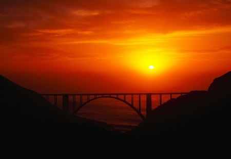 beautiful sunset on coastal highway bridge - gorge, sunset, highway, bridge, sea