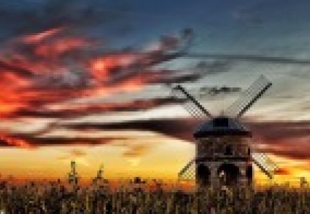 windmill in a field under fiery skies - fields, eindmill, fiery, clouds