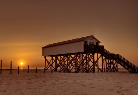 lifeguard station on a beach at sunset - pillars, stairs, sunset, beach, station