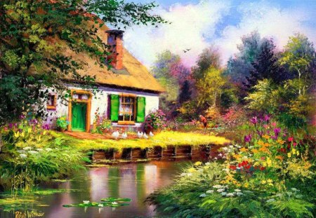 Rural paradise - nice, cottage, sky, trees, relection, paradise, greenery, stream, creek, painting, art, rural, pretty, river, house, tree, pond, rustic, lilies, lake, shore, lovely, plants, nature, village, beautiful, cabin, flowers