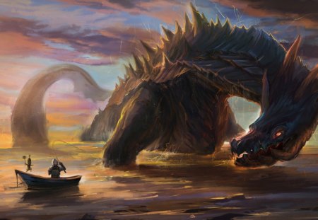 Dragon fishing - creature, sunset, nice, myth, cool, dark