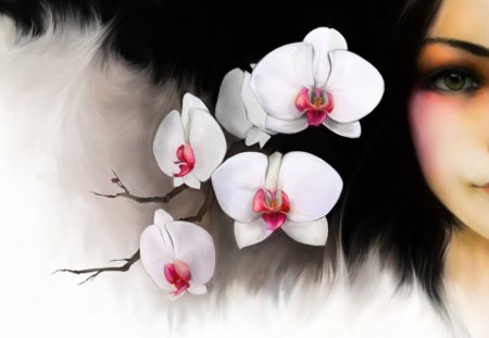 Orchid Girl - woman, orchids, serene, girl, wallpaper, fantasy, exotic, face, art, beautiful, flowers