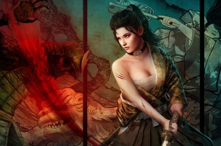 Warrior Beauty - woman, girl, warrior, wallpaper, blood, fantasy, asian, exotic, art, fight, red, beautiful, digital