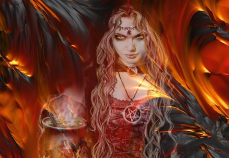 Red Warrior - red, wallpaper, digital, beautiful, red head, photoshop, girl, art, witch, fantasy, 3d and cg, woman