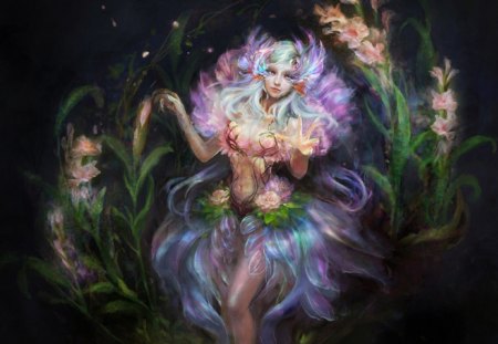 Beauty in Flora - nice, woman, girl, serene, wallpaper, fantasy, faerie, art, fine, beautiful, fairy, flowers, digital