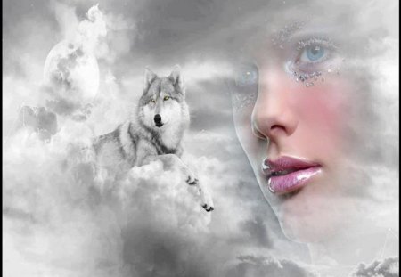 Beauty In The Clouds - clouds, abstract, fantasy, animal, woman, wolf