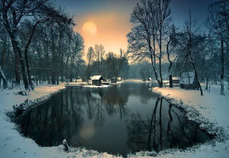 Never ending winter - trees, winter, pond, cabin, snow