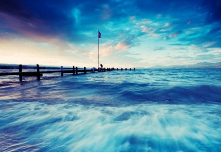 Blue Sea - flag, sea, blue, clouds