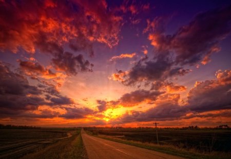 Evening drive - sky, sunset, road, clouds