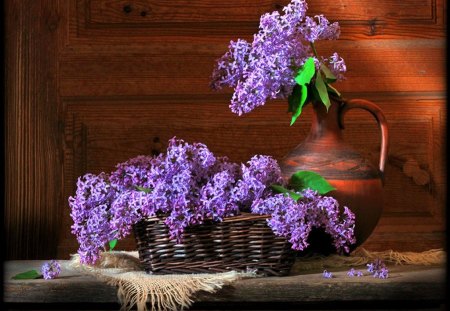 Basket and jug - lilacs, purple, jug, basket, flowers