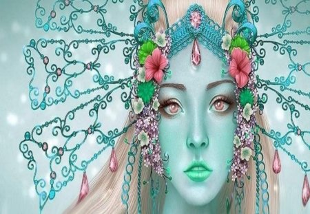 FANTASY JEWEL - face, female, eyes, jewels, flowers, fantasy