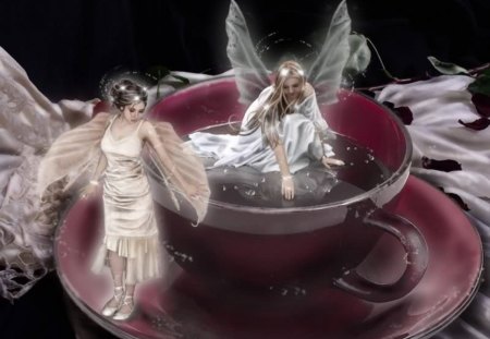 SMALL FAIRIES - reflection, female, wings, fairies, saucer, small, cup