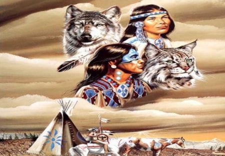 SPIRIT OF THE TRIBE - wolf, spirits, horses, indian, tribe, teepee, lynx