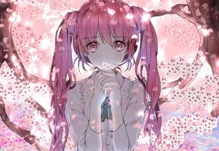 Sakura Miku - pretty, anime, vocaloid, female, blossom, dress, light, pink, long hair, hd, sakura miku, sparks, nice, pink hair, anime girl, sakura, cherry blossom, twintails, hot, girl, lovely, sakura blossom, sweet, flower, petals, glow, miku, cute, hatsune, floral, sexy, vocaloids