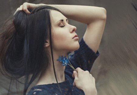 Blue Flowers - flowers, dreamer, blue, model, brunette