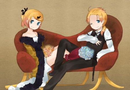 Len & Rin Kagamine - flowers, vocaloid, anime, twins, len and rin kagamine, wink