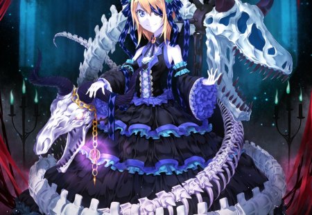 Bone Skull - anime, female, bad, dress, blonde, blond hair, evil, long hair, skull, blond, gown, anime girl, hot, girl, blonde hair, sinister, bone, cute, sexy