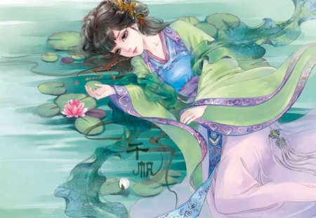 Oriental - anime, female, dress, lying, long hair, oriental, sad, lotus, anime girl, hot, girl, chinese, brown hair, flower, cute, floral, sexy