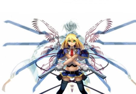 Blazblue - gun, female, wings, blond, anime girl, simple, armor, white, blond hair, blonde hair, anime, blazblue, girl, warrior, long hair, wing, plain, weapon, blonde