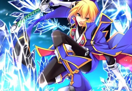 Kisaragi Jin - hot, blond, blade, crystal, blond hair, blonde hair, anime, blazblue, sword, cute, short hair, ice, handsome, male, sexy, warrior, boy, weapon, uniform, guy, blonde