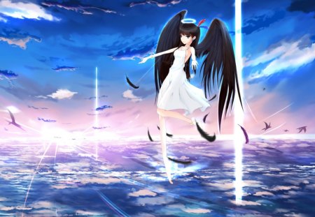 Black Wings - female, angel, hot, sundress sky, wings, anime girl, halo, cloud, anime, feather, cute, fly, sexy, girl, light, flying, hd, wing, dress, float