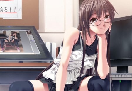 Work Station - hot, pc, glasses, brown eyes, female, sunglasses, anime girl, brown hair, anime, cute, sexy, girl, laptop, long hair, computer, hd, digital