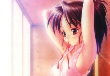 Tying my Hair - brown eyes, anime, anime girl, female, hot, girl, dres, sundress, brown hair, pink, long hair, cute, ribbon, sexy