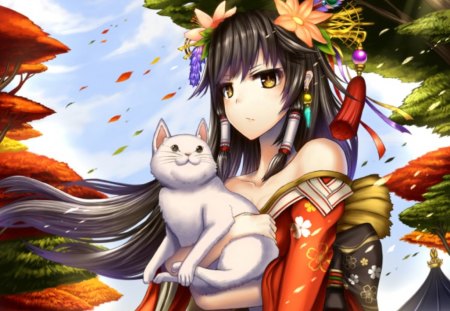 Cat n Girl - female, hot, anime girl, wind, brown hair, windy, anime, kimono, cute, yellow eyes, sexy, cat, girl, kitty, long hair, kitten, yukata, breeze