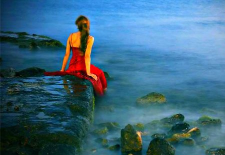 Lonliness - woman, back, art, red, sea, rocks