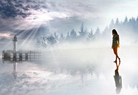 Misty Morning - lighthouse, sunrays, landscape, trees, girl, mist, sun