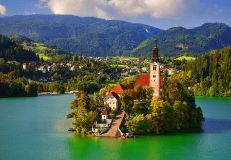 Lake Bled - nice, sky, trees, water, bled, view, clouds, castle, lake, mountain, summer, shore, lovely, nature, village, town, beautiful, island