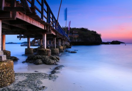 wooden bridge to an island off a japanese coast - wood, island, bridge, sea, coast