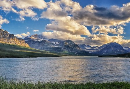 exquisite landscape - lake, mountains, clouds, grass