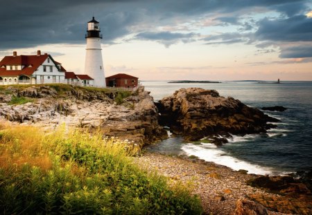 lovely picturesque lighthouse - lighthouse, sea, grass, coast, rocks