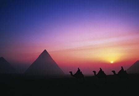 sunrise on the great pyramids of giza - sunrise, haze, pyramids, camles