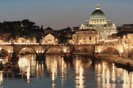 cathedral by the tiber river in rome - cathedral, river, lights, dusk, bridge