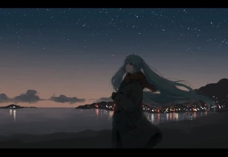 Quiet Night Stroll - nice, dark, vocaloid, peaceful, scenery, miku