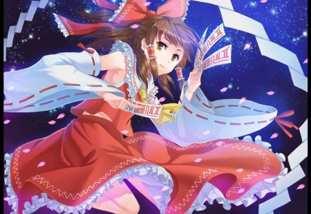 Hakurei Reimu - hot, female, anime girl, brown hair, touhou, petals, anime, reimu, ribbon, cute, talisman, sexy, girl, long hair, hakurei reimu, hd, dress