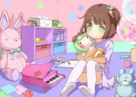 Playtime With Gumi - colorful, bunny, book, brown hair, piano, balloons, anime, gumi, little girl, cute, toys, papers, green eyes, doll, vocaloid, sweet, teddy bear