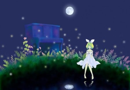 ~Midnight Lullabye~ - moon, sky, night, water, barefoot, white dress, piano, rin kagamine, reflection, vocaloid, fireflies, anime, grass, pond