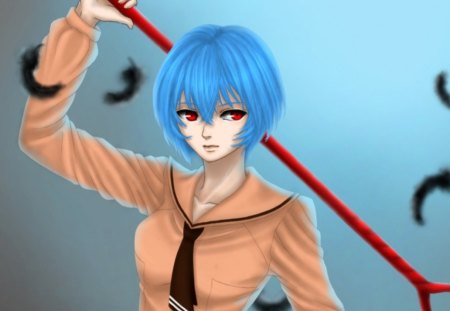 Red as Blood - realistic, female, hot, ayanami rei, rei ayanami, simple, anime girl, ayanami, red eyes, sinister, anime, feather, cute, short hair, genesis, sexy, girl, neon genesis evengelion, eva, cg, evangelion, hd, neon, blue hair, rei, 3d, plain, weapon