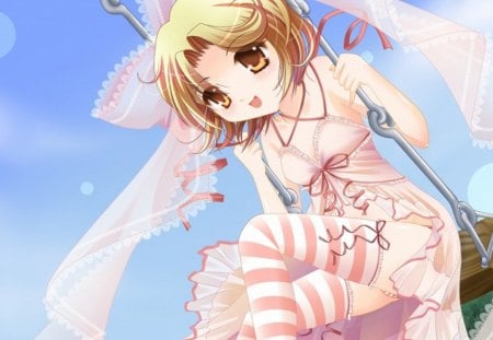 The Swing - nice, female, hot, brown eyes, sundress, anime girl, brown hair, pretty, swing, anime, ribbon, short hair, cute, sexy, girl, lovely, sweet, dress