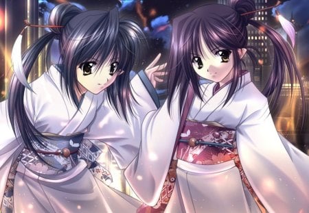 Twins Kimono - sexy, hot, girl, female, long hair, night, anime girl, hd, twins, anime, yukata, kimono, cute