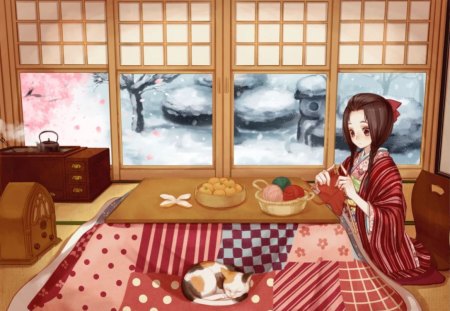 Knitting - wools, anime, female, food, snow, long hair, home, blanket, kitten, twintils, fruit, house, anime girl, winter, twintails, hot, girl, table, kimono, brown hair, orange, yukata, cat, braids, cute, knitting, sexy, kitty